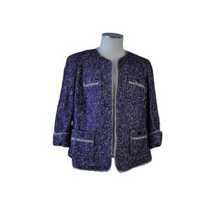Talbots Woman Petites sz 16P Open Front Tweed Blazer Fringe Purple Beige EUC